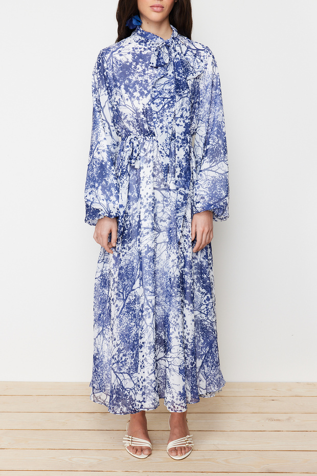 Blaues, langes Abendkleid aus Chiffon mit Blumenmuster und Futter TCTSS24EB00040 - 5