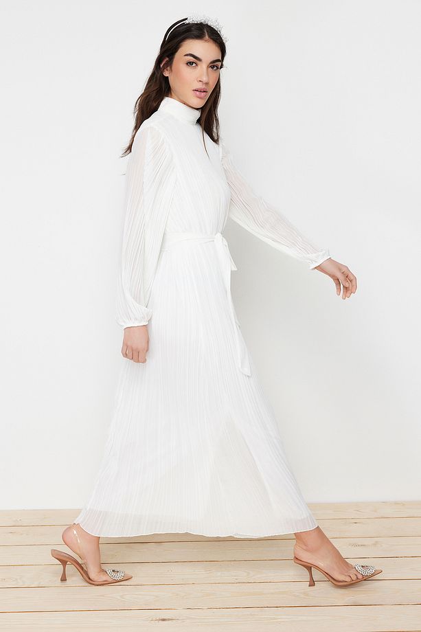 Krem Pliseli Dokuma Astarlı Şifon Bride/Özel Gün Elbisesi TCTSS24DB00040 - 4