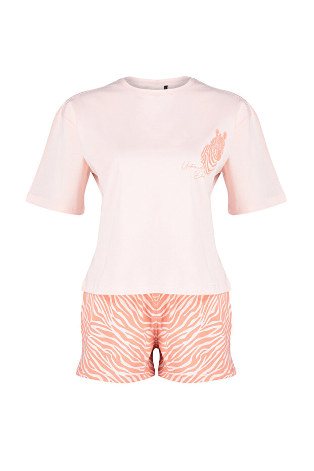 Pembe %100 Pamuklu Zebra Baskılı Şortlu Örme Pijama Takımı THMSS24PT00042 - 7