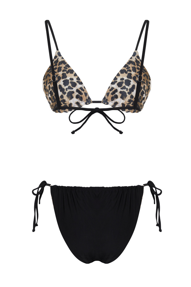 Leopar Desenli Çift Taraf Kullanımlı Üçgen Kaplı Brazilian Düşük Bel Bikini Takımı TBESS24BT00108 - 10
