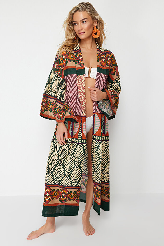 Etnik Desenli Dokuma Maxi Plaj Kuşaklı Kimono&Kaftan TBESS24KM00022 - 2