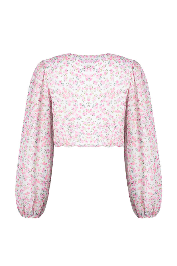 Pembe Crop Astarlı Gül Detaylı Çiçekli Şifon Dokuma Bluz TWOSS24BZ00344 - 8