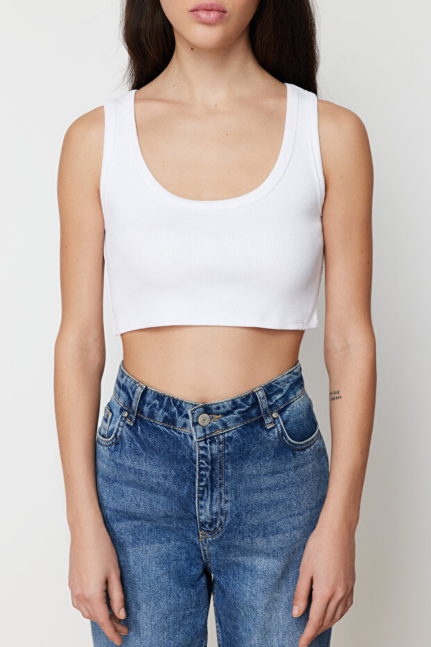 Beyaz Askılı Crop Fitilli Esnek Örme Atlet TWOSS24AL00023 - 4