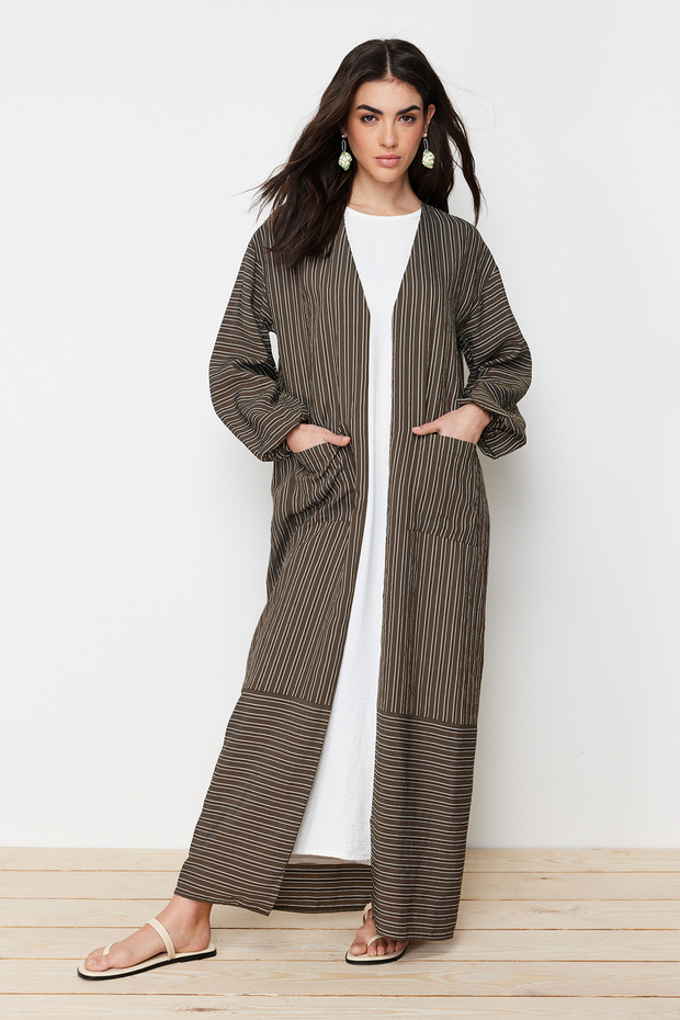Haki Uzun Keten Görünümlü Çizgili Dokuma Kap & Ferace & Abaya TCTSS24KF00003 - 3