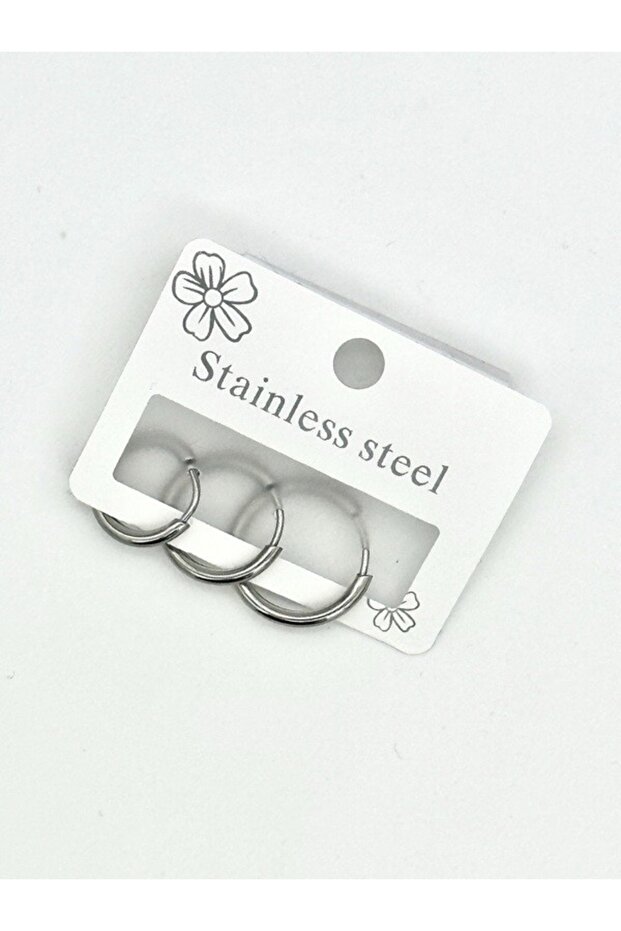 3 Pieces Non-Tarnish Surgical Steel Hoop Earrings (8 mm,10 mm,12 mm) Silver Color