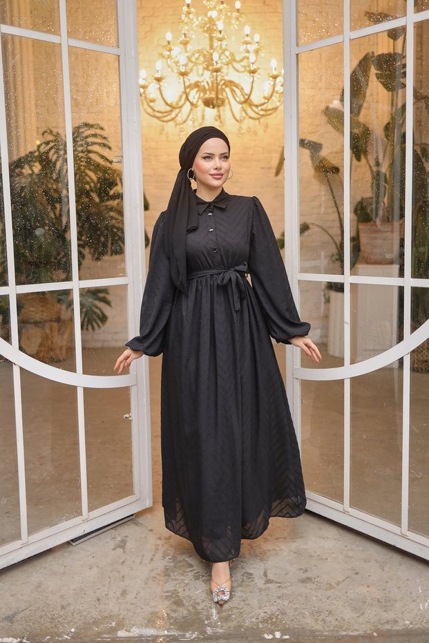Cut Chiffon Neck Lined Shirt Collar Long Women's Balloon Sleeve Hijab Dress