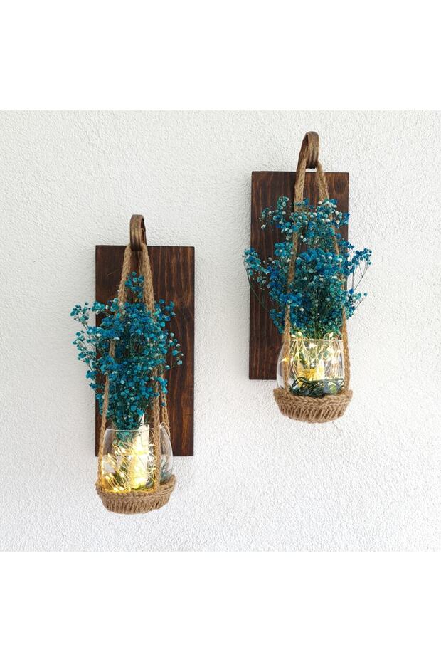 Duvar Dekoru 2 Li Set, Led Işıklı, Mavi Cipso Çiçekli, Ceviz Aplik, Balkon Hol Ev Hediyesi - 1