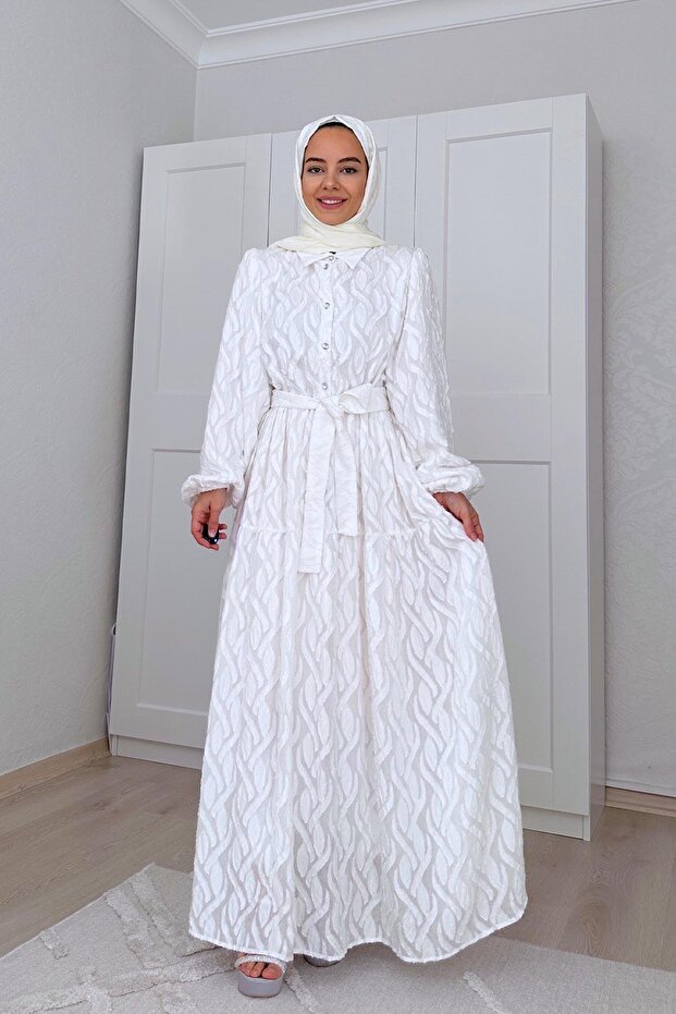 Dream Stone Button Lined Hijab Dress - White