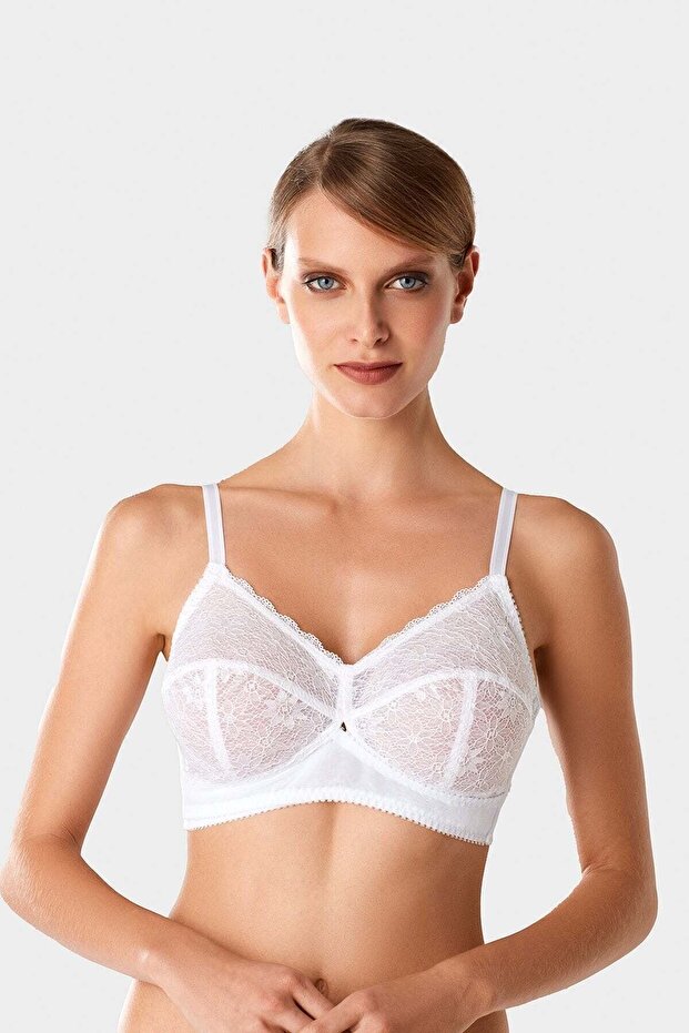 Women's White 7004 Unwired Lace Gathering Minimizer Bra