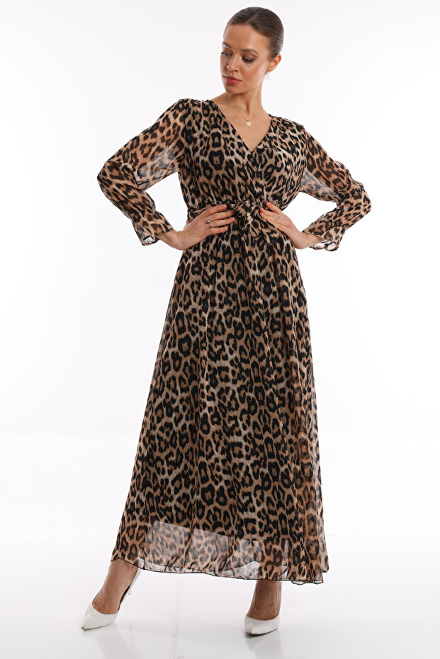 Maxi Lined Leopard Pattern Double Breasted Collar Chiffon Dress