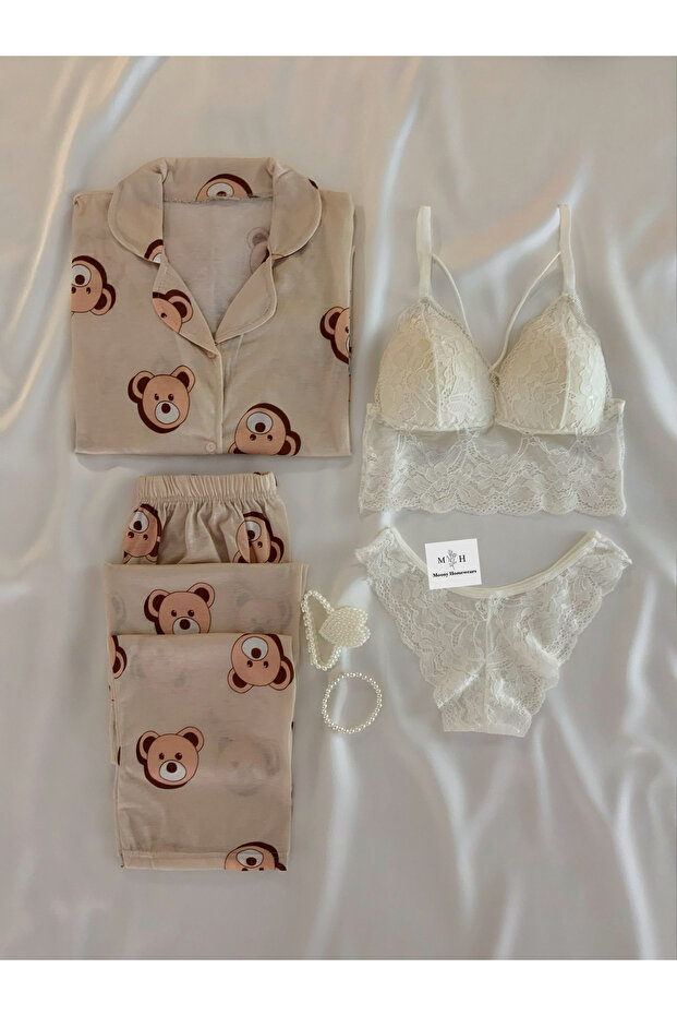 4-Piece Latte Teddy Bear Gift Long Sleeve Pajamas Underwear Set