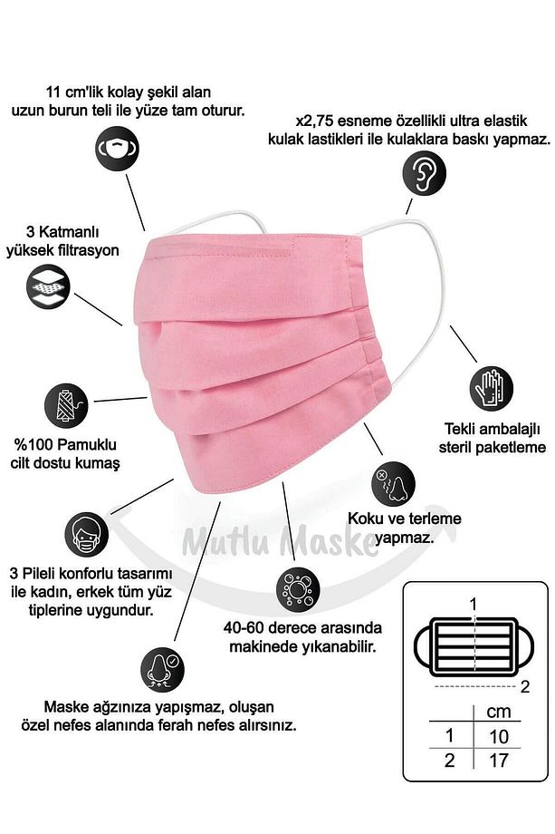 Konfor Serisi 3 Katlı Telli Pembe Renkli Pamuklu Kumaş Yıkanabilir Bez Maske 3'lü Set - 2