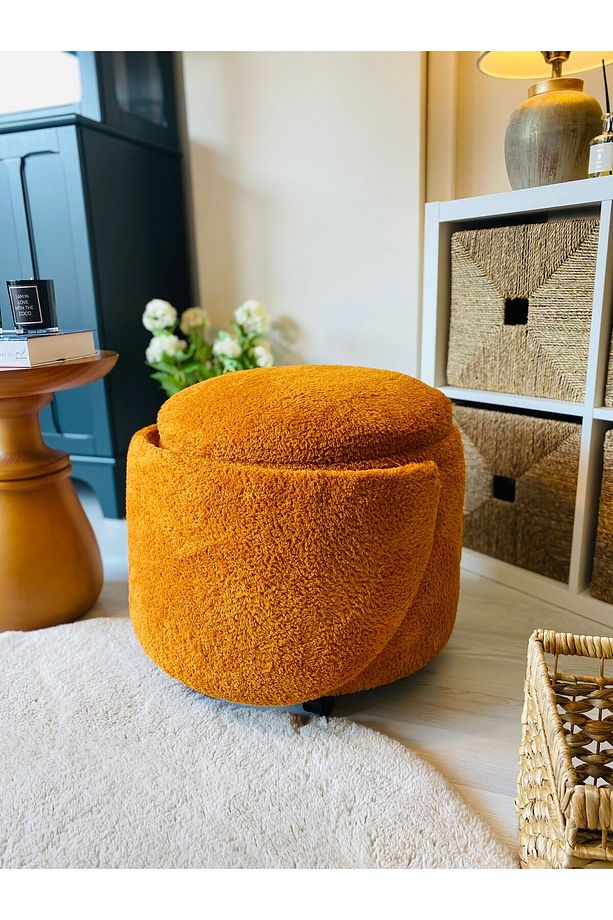 X Large Turuncu Tedy Kumaş Sandıklı Silindir Dekoratif Katlanabilir Berjer Puf Bench - 4