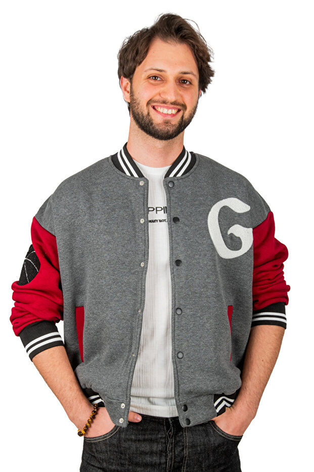 Men's Anthracite-red Three Thread Snap College Collar Bomber Jacket2304761