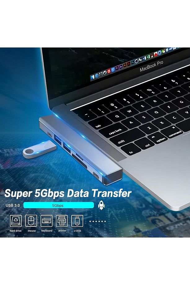 Macbook Pro MacBook Air Uyumlu 7in2 USB C Adapter with 4K HDMI,USB 3.0,SD/TF Card Reader,USB C port - 5