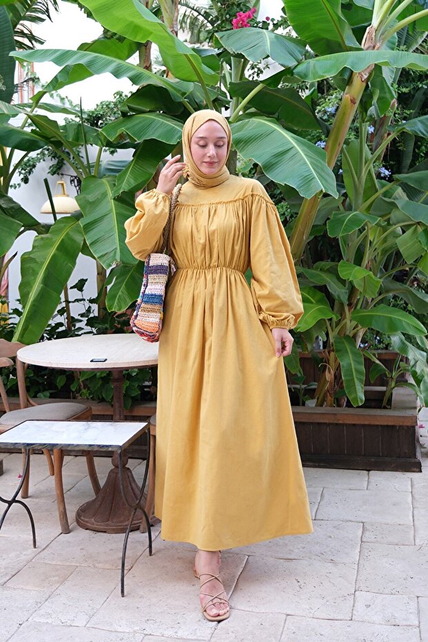 Mustard Organic Linen Drawstring Dress