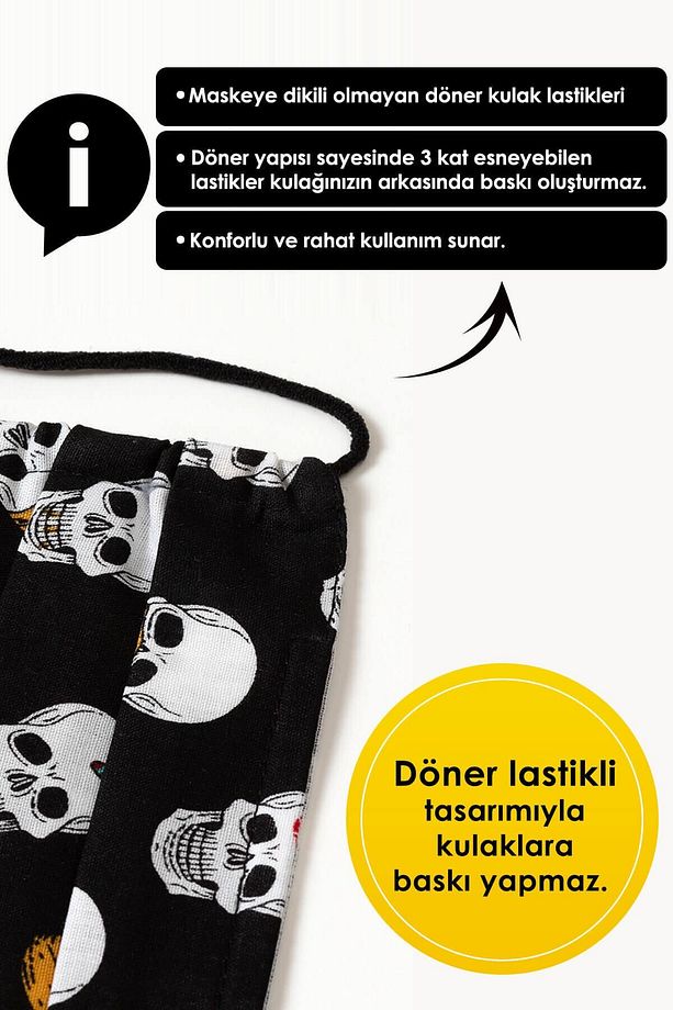 Konfor Modeli 3 Katlı Telli Siyah Kuru Kafa Desenli Unisex Pamuklu Kumaş Yıkanabilir Bez Maske - 5