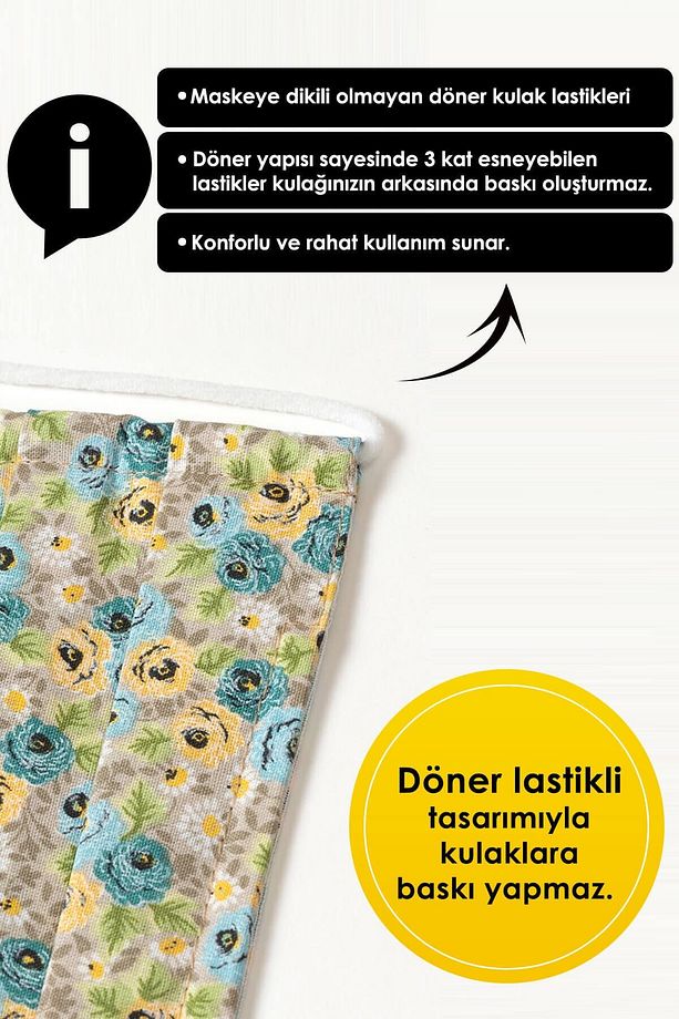Konfor Modeli 3 Katlı Telli Sarı Renkli Çiçekli Desenli Unisex Pamuklu Kumaş Yıkanabilir Bez Maske - 5