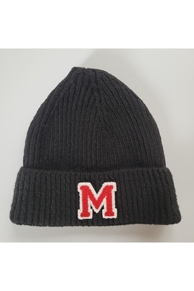 M Harfli Tiftik Katlamalı Örgü Siyah Yün Bere - 1