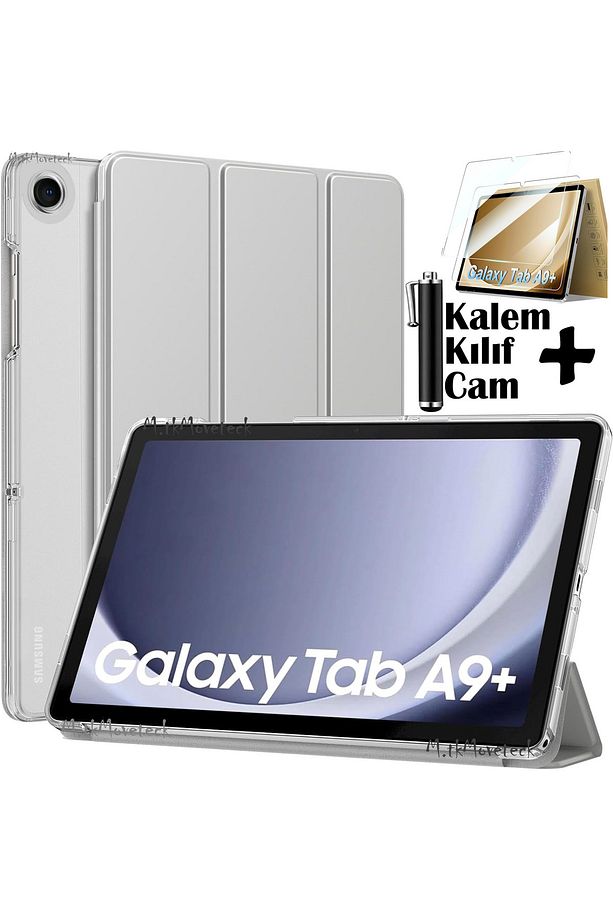Samsung Galaxy Tab A9 Plus Kılıf 11 inç Sm-X210 Tablet Kılıfı Akıllı Uyku Modlu Şeffaf Cam+Kalem Set - 1