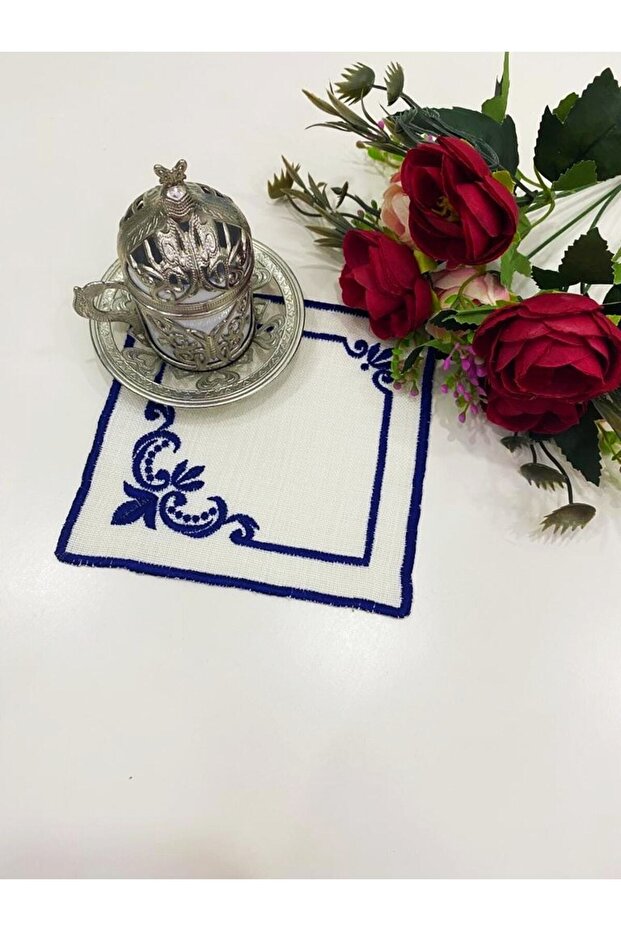 6 Pieces of Linen Fabric Embroidered Coffee Side Cocktail Napkin & Coasters