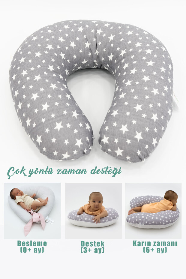 Double Sided Breastfeeding Pillow / Baby Support Cushion, Pregnancy Pillow, Cotton Fabric, Stars, Anthracite - 2