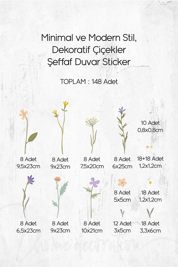 Minimal Ve Modern Stil, Dekoratif Çiçekler, Ev Dekorasyonu Şeffaf Duvar Sticker - 5