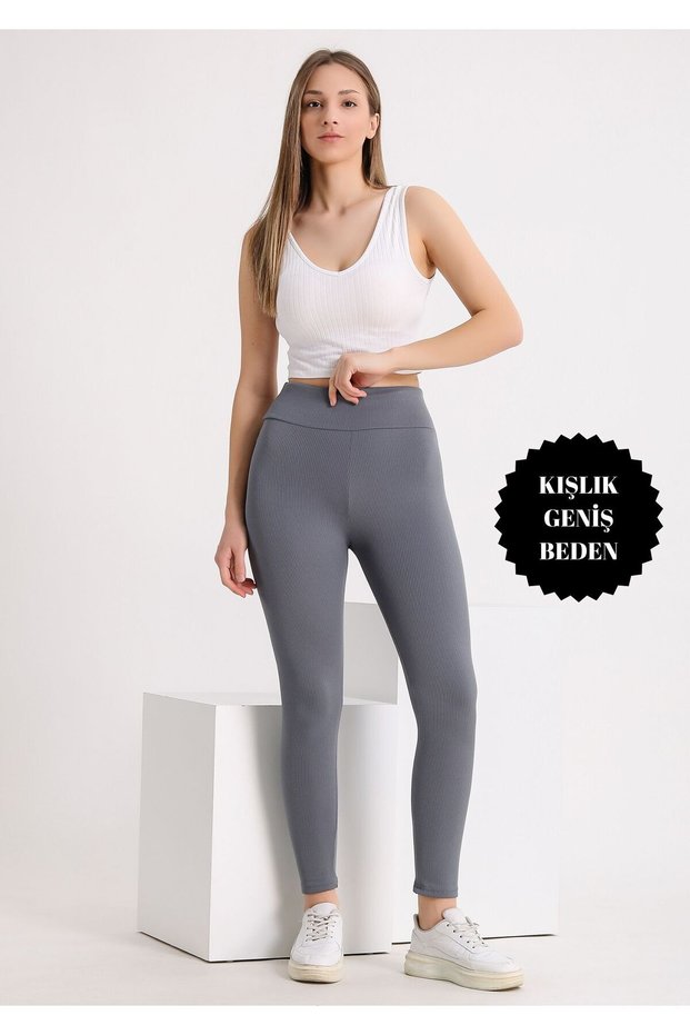 Curve Large Size Ribbed Raised Women's High Waist Recovery Anthracite Winter Leggings