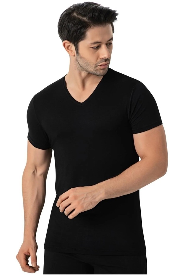 Black Men's Bamboo V-Neck Short Sleeve Undershirt Undershirt