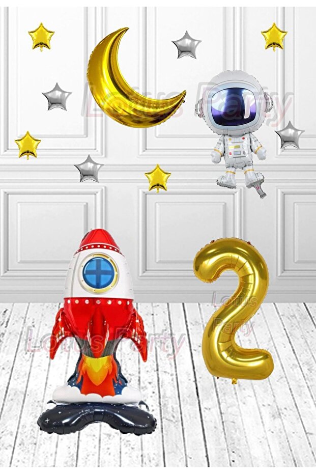 Space Themed Birthday Party Set - Astronaut - Space Shuttle - Gold Moon - Little Stars Age 2