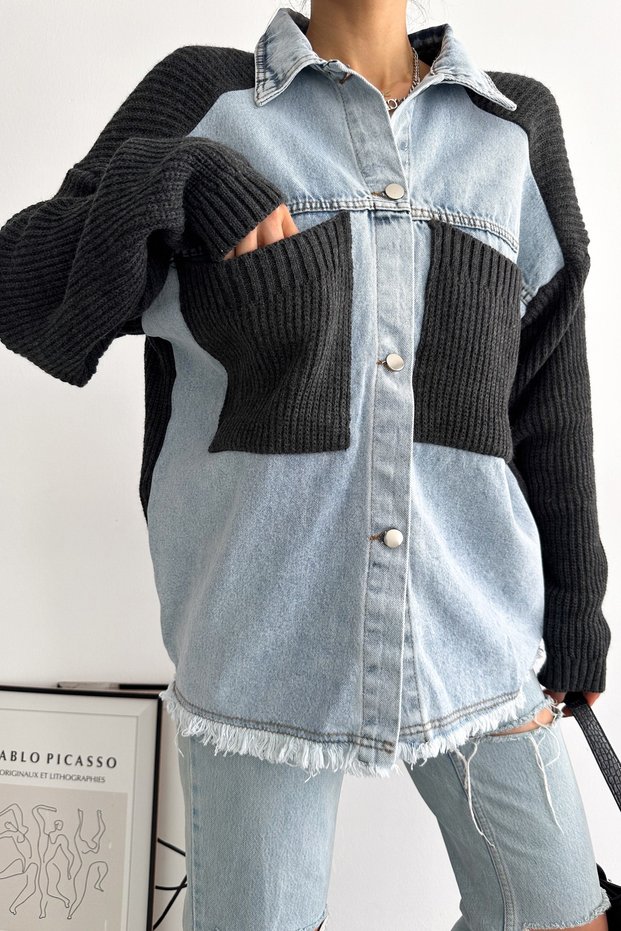 Women's Anthracite Oversize Denim Jeans Garnished Cardigan with Sleeves and Pocket Knitwear