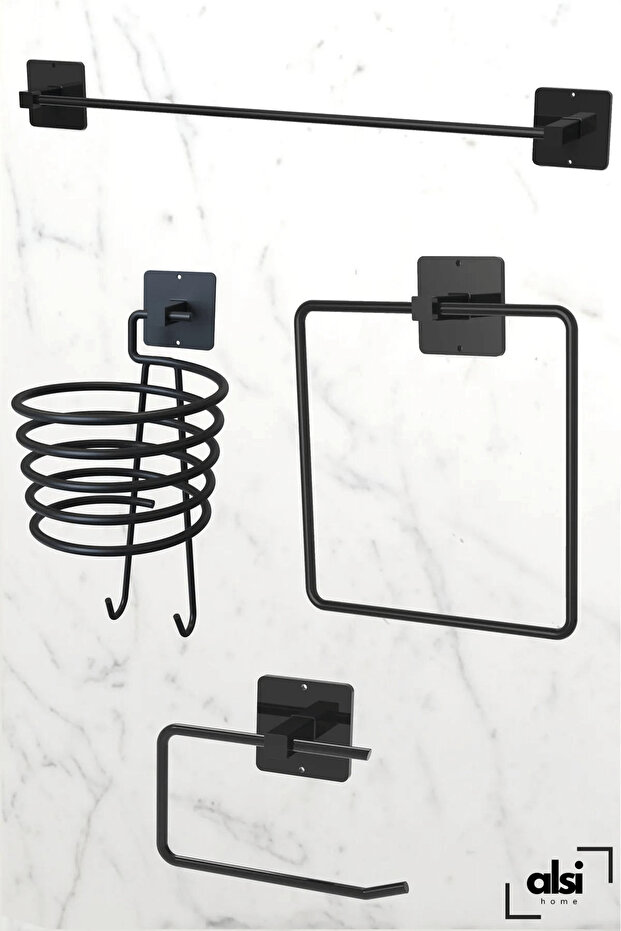Yapışkanlı 4 lü Siyah Fön Makinesi Askısı Havlu Askısı Wc Tuvalet Kağıtlık Kare Havluluk Banyo Set - 1