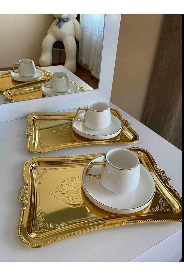 2 Adet Kahve Sunumluk Tepsi ( Metal 2 Adet Gold ) - 1