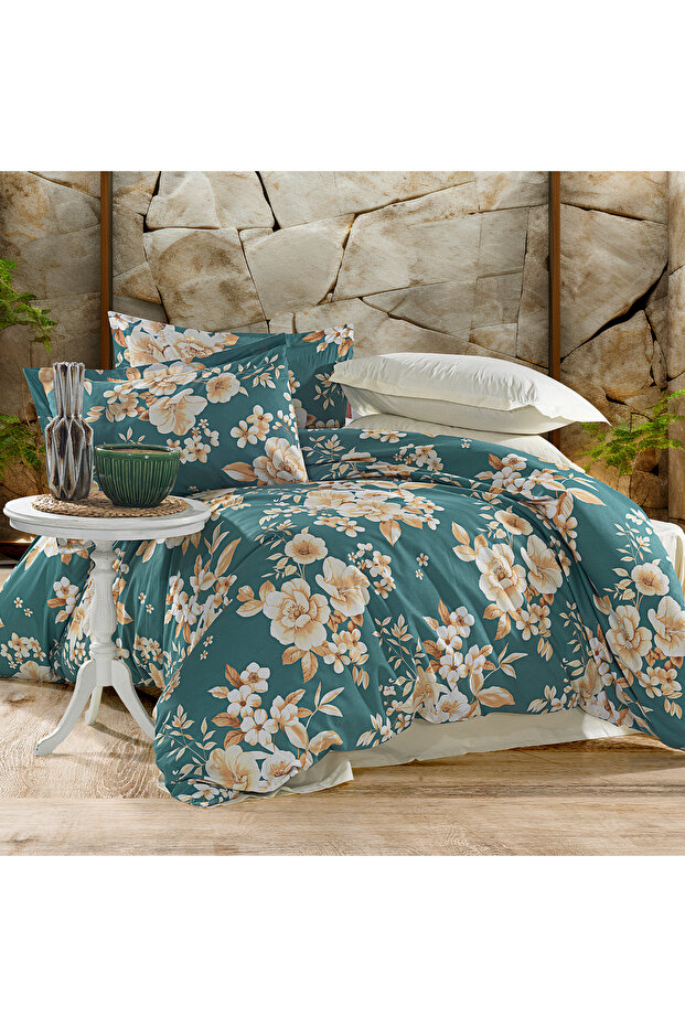 100% Cotton Floral Patterned Double Duvet Cover Set (With Elastic Sheet)