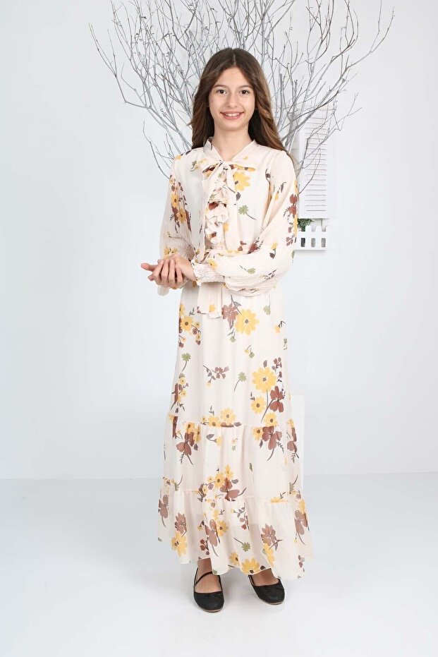 Kız Çocuk Uun Boydan Astarlı Desenli İç Göstermeyen Elbise - 2