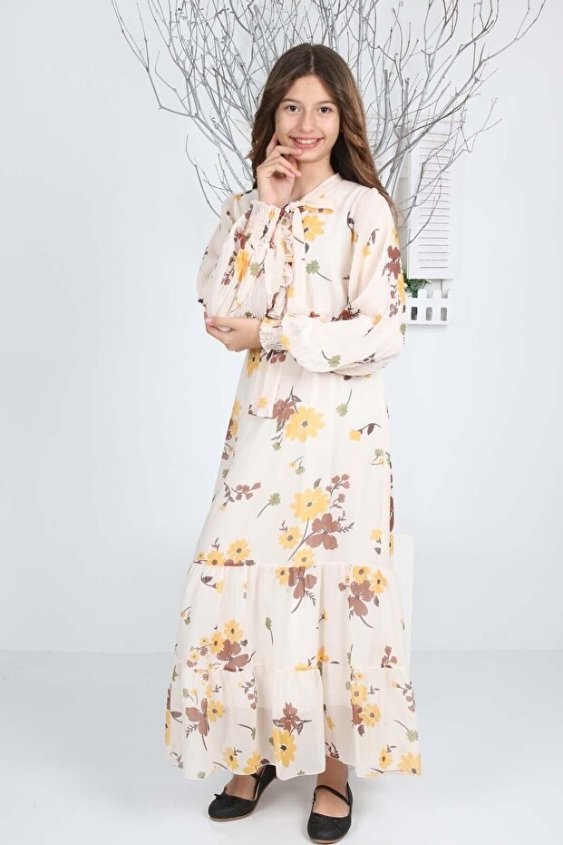 Kız Çocuk Uun Boydan Astarlı Desenli İç Göstermeyen Elbise - 3