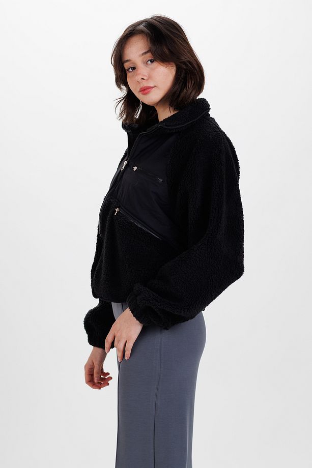 Kadın Siyah Önü Fermuarlı Oversize Örme Polar Mont - 4