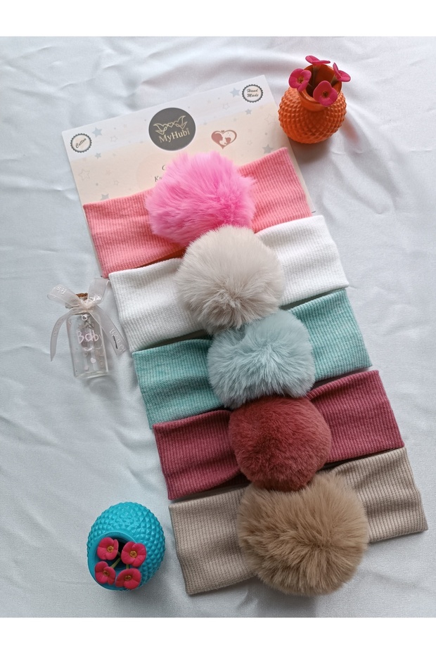 5-Piece Combination (Boxed) Handmade Baby Girl Rabbit Hair Pompom Bandana