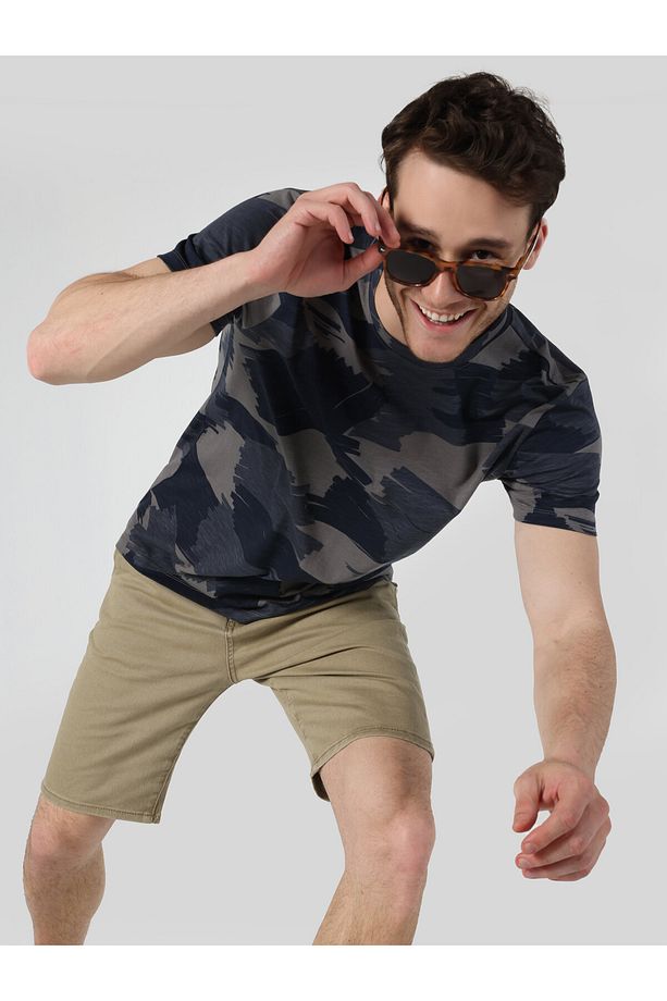 Regular Fit Bisiklet Yaka Baskılı Lacivert Erkek Kısa Kol Tişört - 1