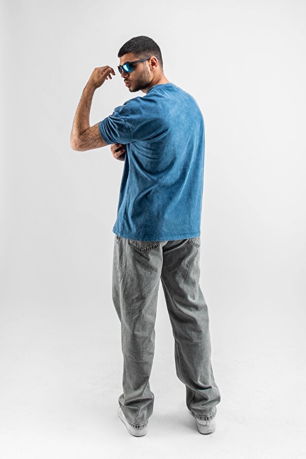 Yıkamalı Mavi Basic Oversize Unisex Tshirt - 8