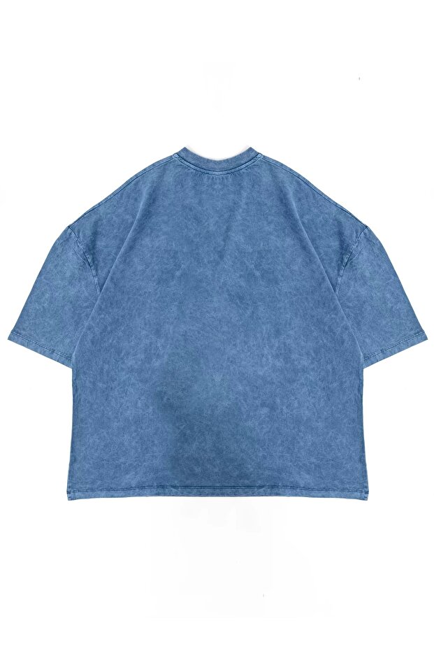 Yıkamalı Mavi Basic Oversize Unisex Tshirt - 2
