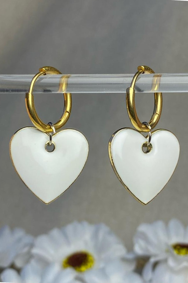 Women's Gold Stainless Steel White Heart Model Charm Dangle Hoop Earrings