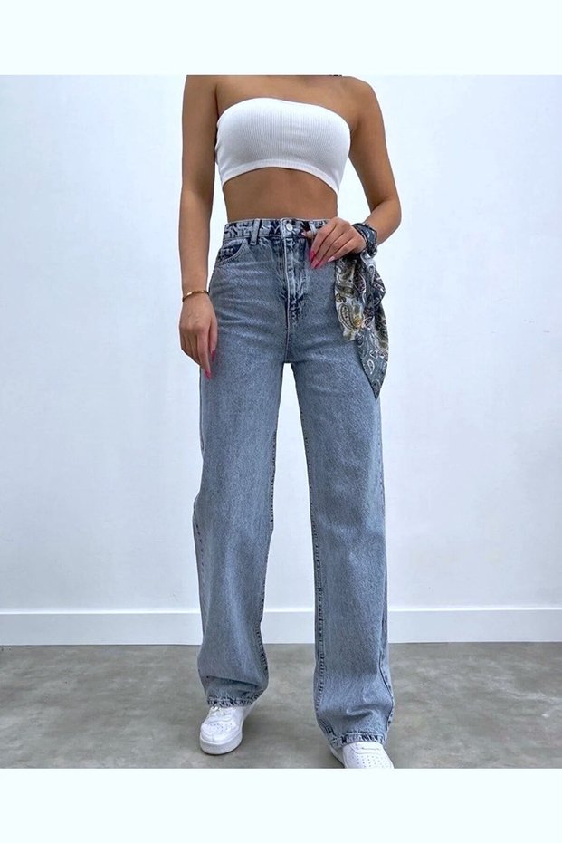 90's Wide Leg Blue Snow Wash Loose Jeans 100% Cotton Wide Leg Jeans