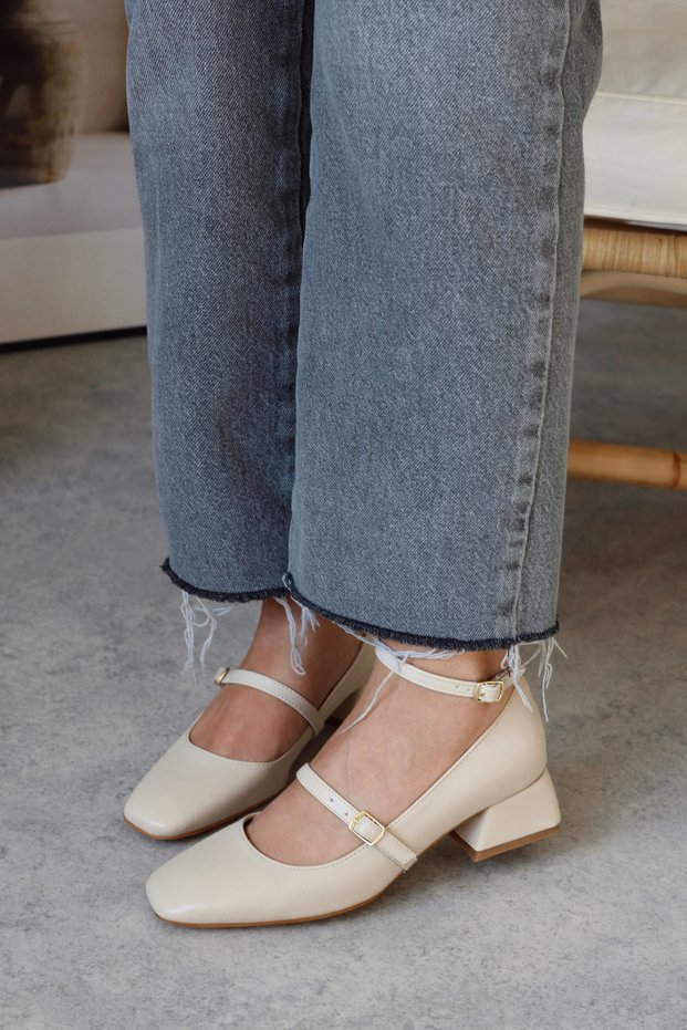 Mary Jane Beige Nude Matte Leather Closed Back Square Toe Short Block Heeled Women's Shoes
