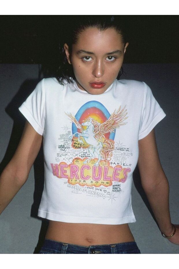 Y2k Hercules Angel Printed Half T-Shirt Crop Blouse