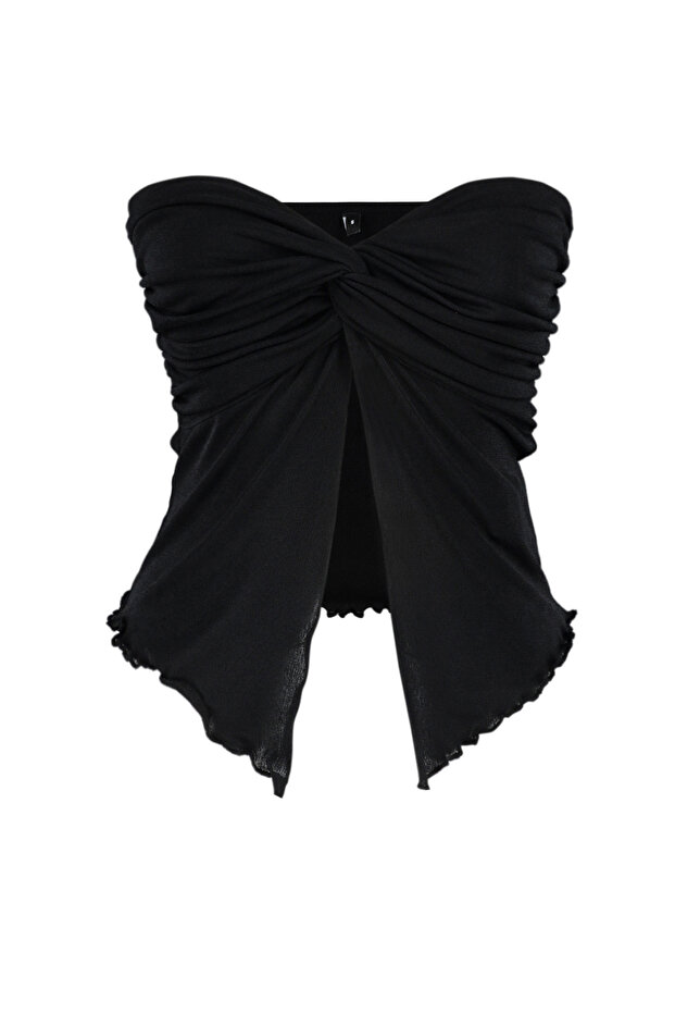 Siyah Buzzy Kalp Yaka Büzgülü Esnek Crop Örme Bluz TWOSS24BZ00204 - 7