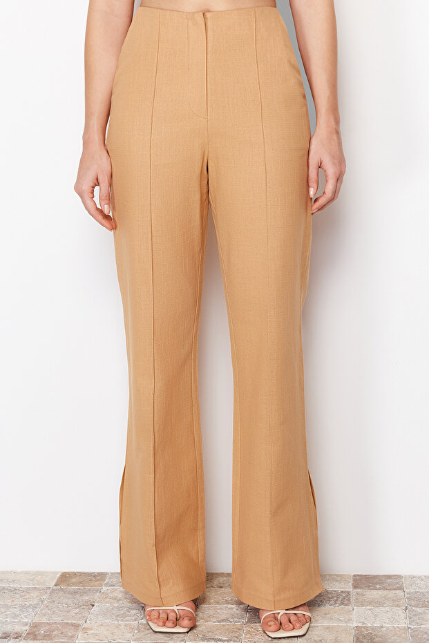 Camel Premium Straight/Düz Kesim Keten Dokuma Pantolon TWOSS24PL00079 - 5