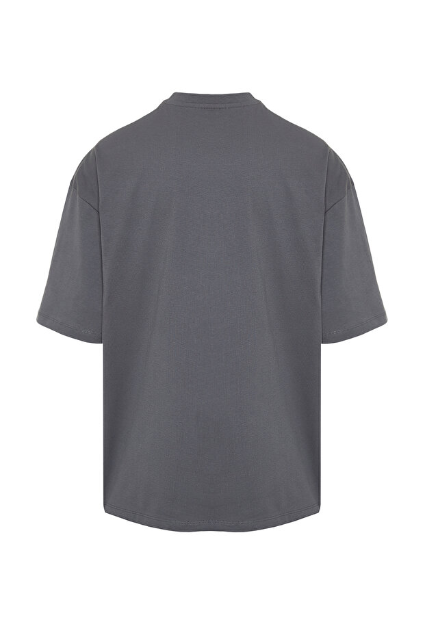 Antrasit Oversize/Geniş Kesim Mantar Nakışlı %100 T-Shirt TMNSS24TS00070 - 8