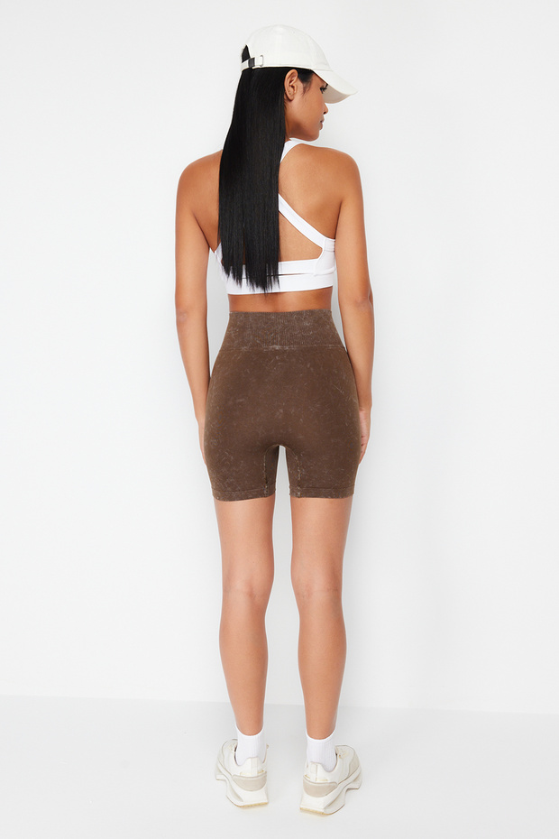 Kahverengi Seamless/Dikişsiz Yıkamalı Örme Spor Şort/Kısa Tayt THMSS23TY00034 - 7