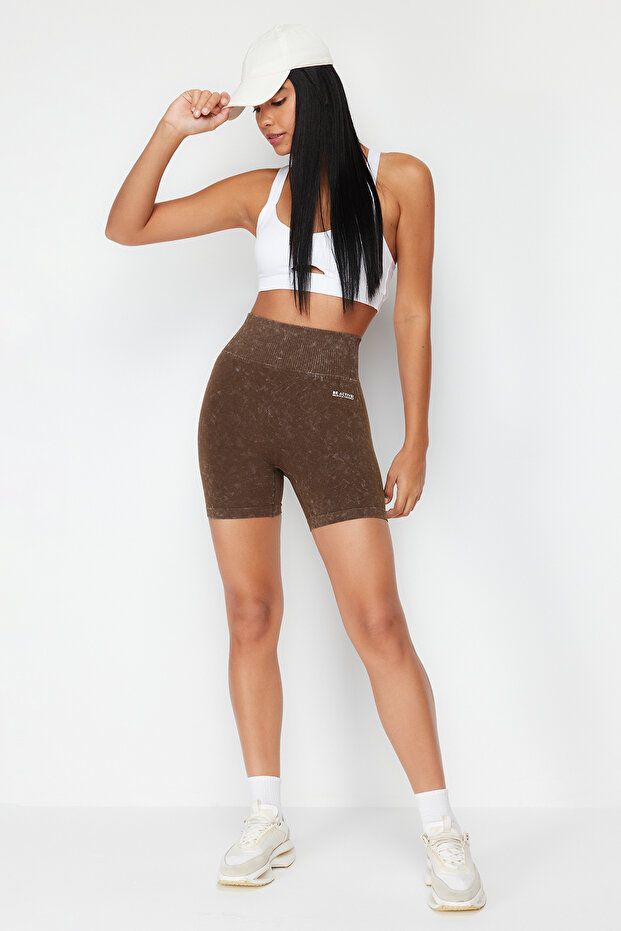 Kahverengi Seamless/Dikişsiz Yıkamalı Örme Spor Şort/Kısa Tayt THMSS23TY00034 - 2
